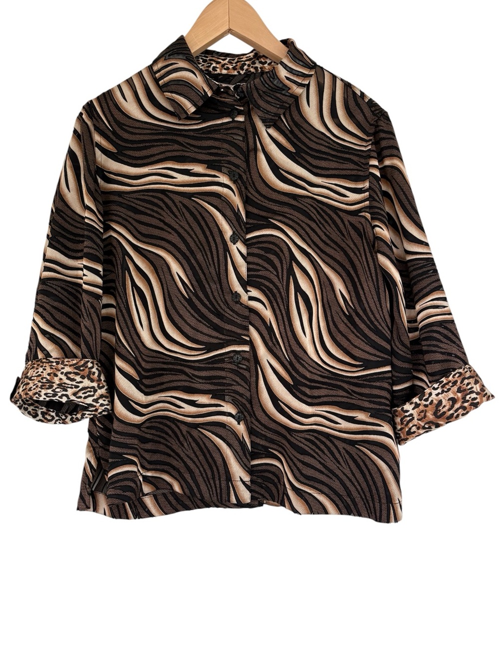 Tanjay Animal Print Collared Button Up 3/4 Sleeve Classy Blouse Size 8P